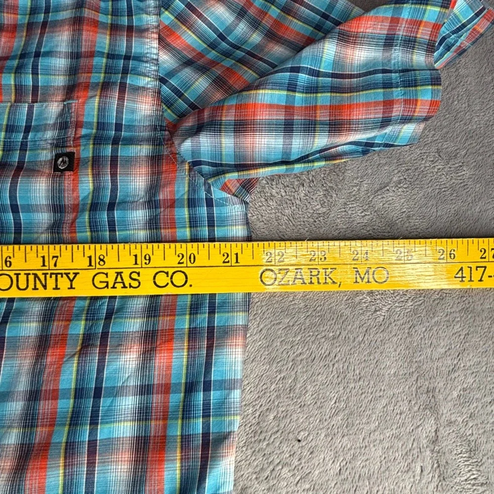 Marmot Button Up Shirt Men Medium Blue Orange Plaid Short Sleeve Hiking D61970